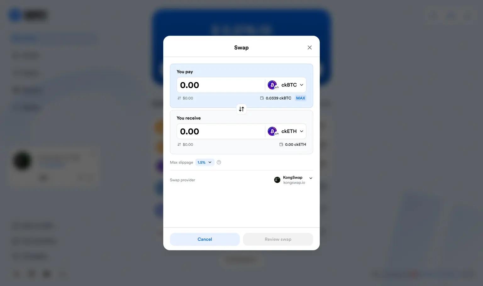 The OISY conversion interface — swap between assets across chains.